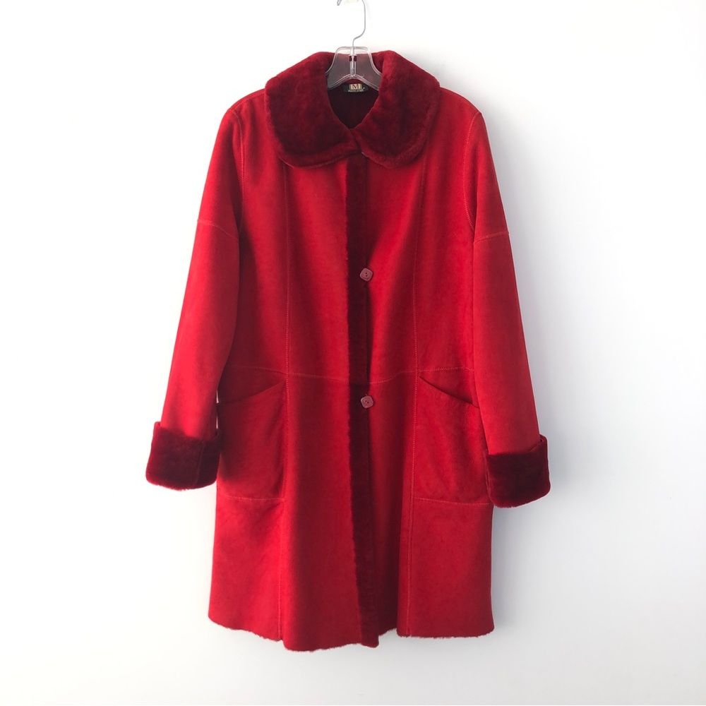Madeleine Genuine Shearling Mid-Length Coat in Red Warm Winter Real Lambskin